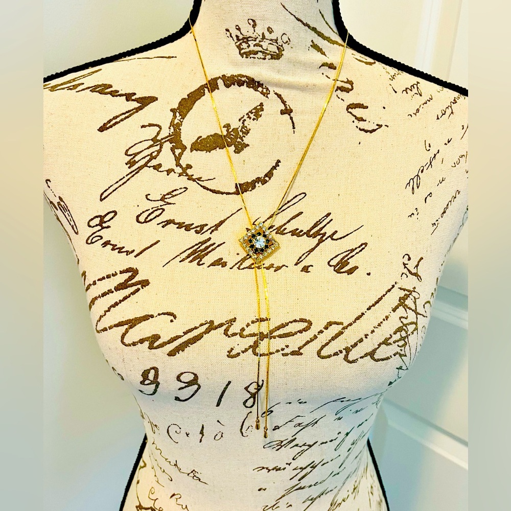 VTG Gold Tone Bolo Necklace – Green & Clear Crystal Slider Pendant, Late 1970s